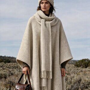 Classic vintage wool cape/poncho with scarf attached, herringbone pattern